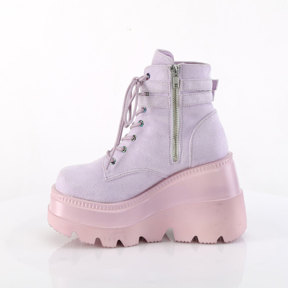 Too Fast | Demonia Shaker 52 | Lavender Vegan Suede Women&#39;s Ankle Boots