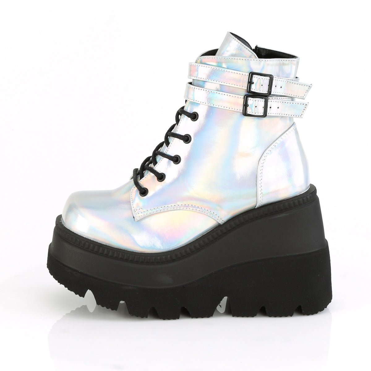 Too Fast | Demonia Shaker 52 | Silver Holographic Vegan Leather Women's Ankle Boots