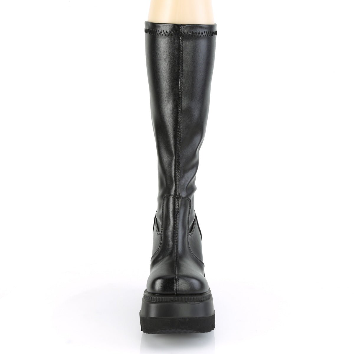 Too Fast | Demonia Shaker 65 | Black Stretch Vegan Leather Women's Knee High Boots