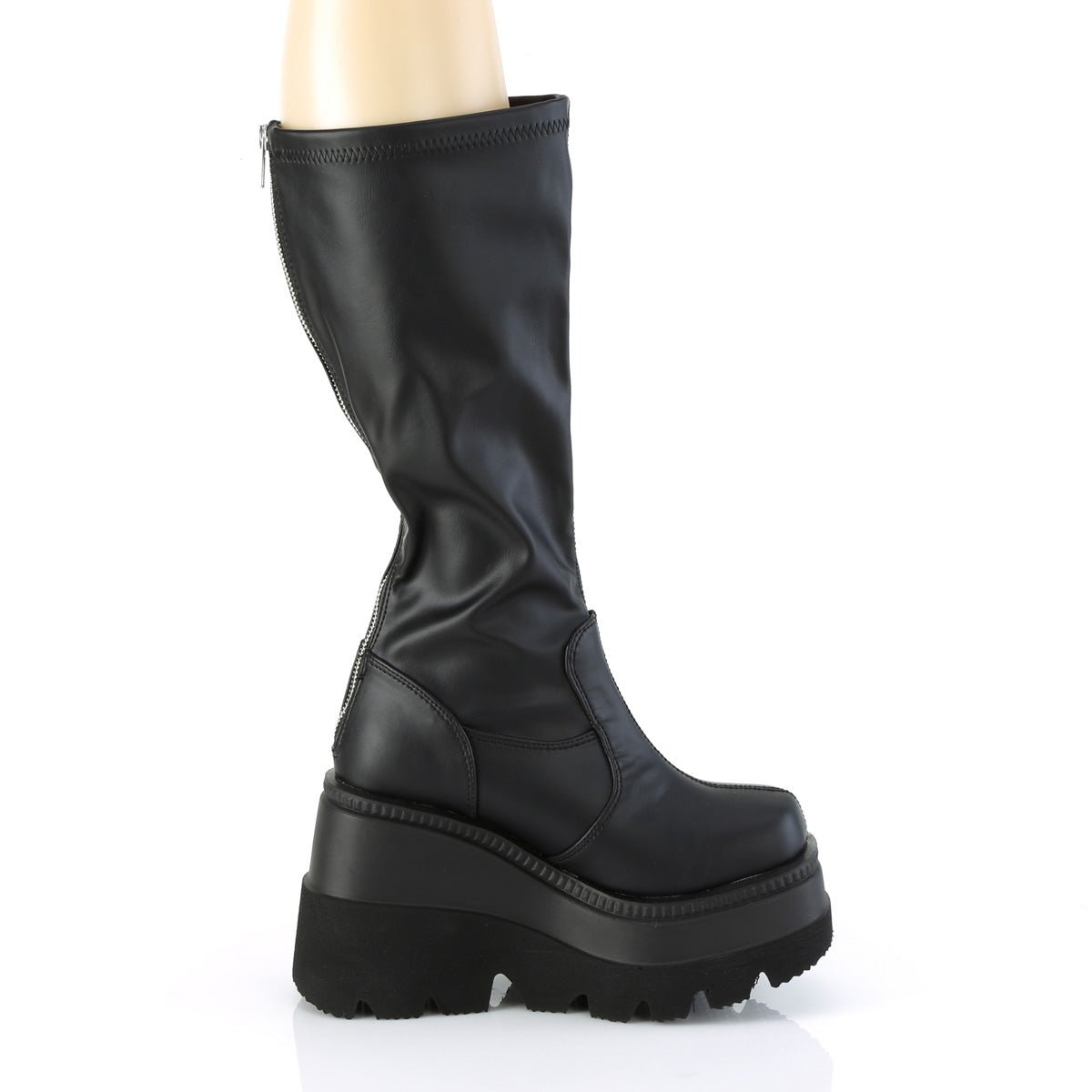 Too Fast | Demonia Shaker 65 Wc | Black Stretch Vegan Leather Women's Knee High Boots