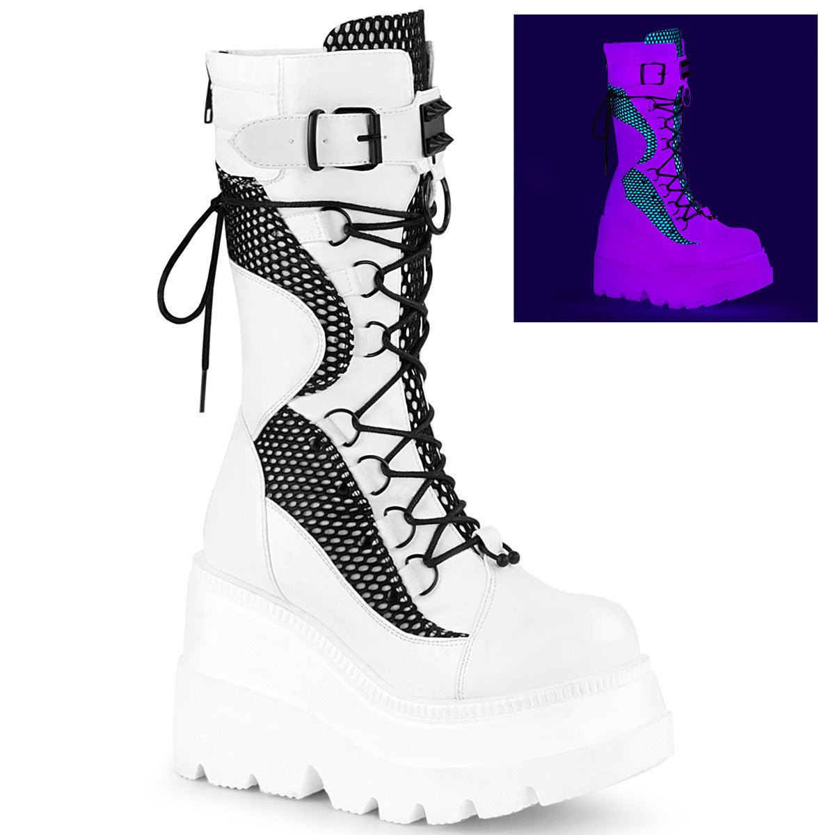 Too Fast | Demonia Shaker 70 | White Vegan Leather & Fishnet Women's Mid Calf Boots