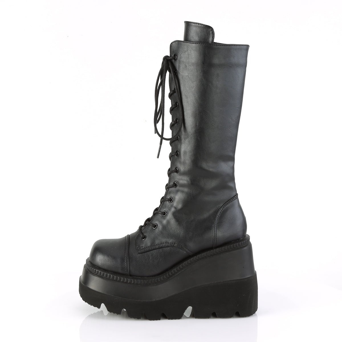 Too Fast | Demonia Shaker 72 | Black Vegan Leather Women&#39;s Mid Calf Boots