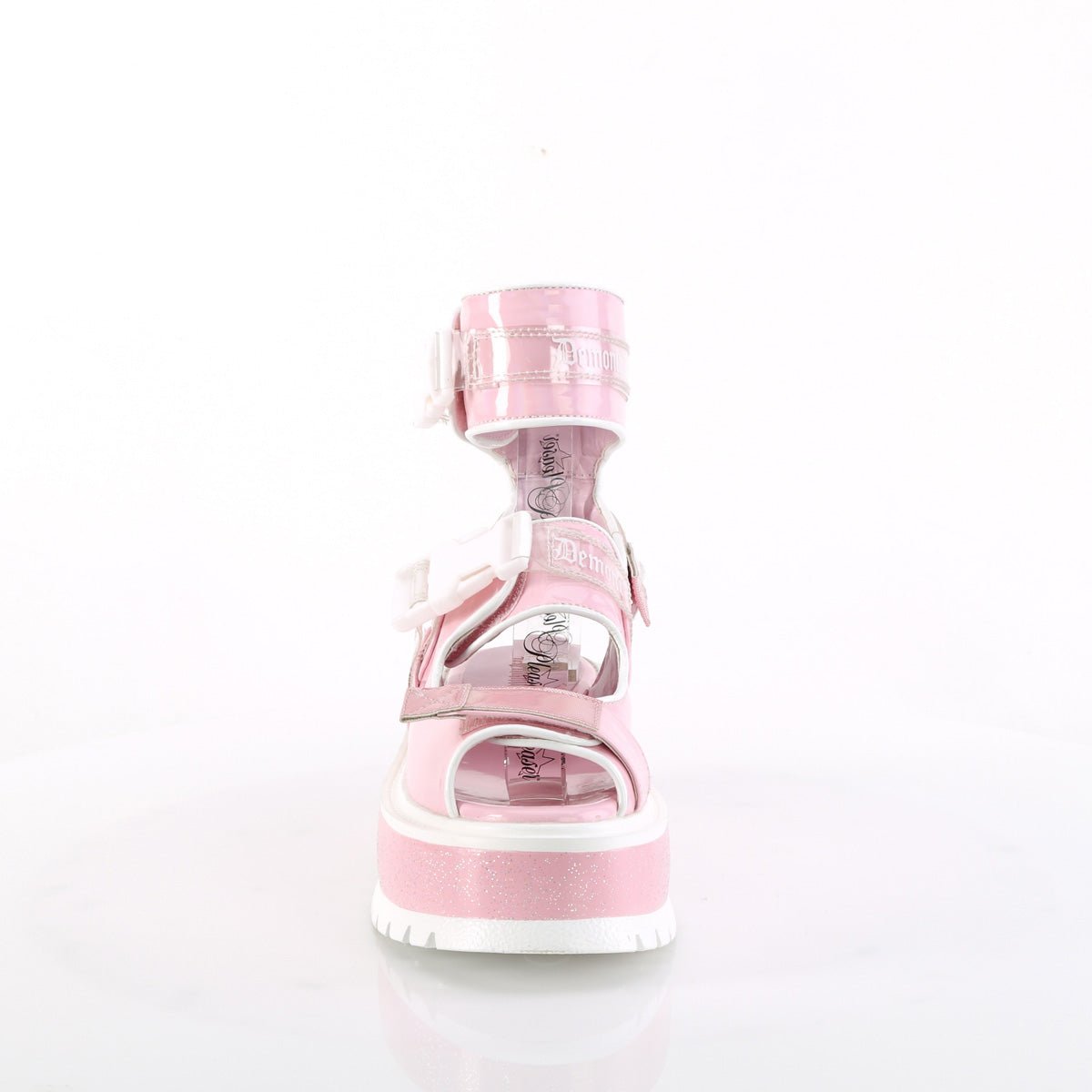 Too Fast | Demonia Slacker 15 B | Baby Pink Hologram Patent Women&#39;s Sandals
