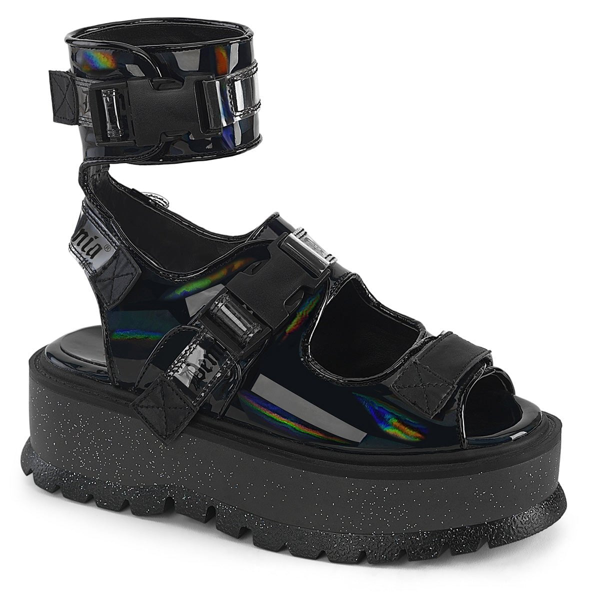 Too Fast | Demonia Slacker 15 B | Black Holographic Patent Leather Women's Sandals