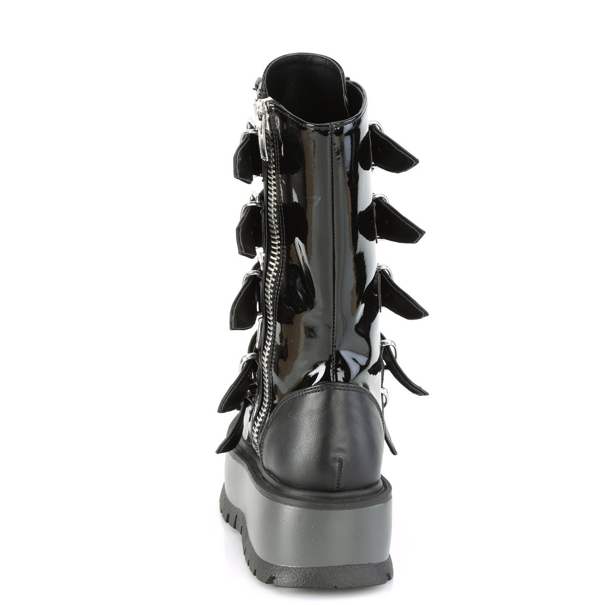 Too Fast | Demonia Slacker 160 | Black Patent Vegan Leather Women's Mid Calf Boots