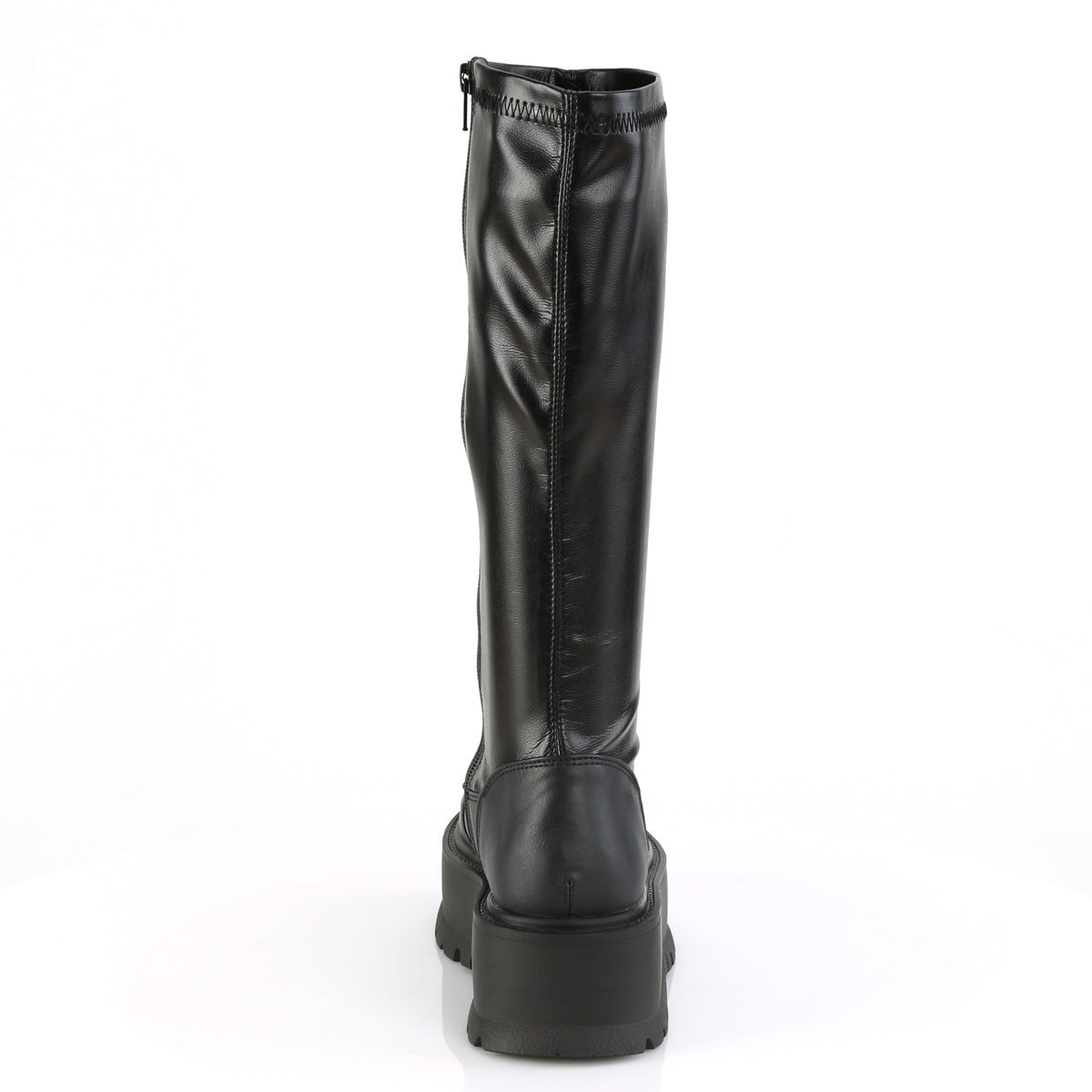 Too Fast | Demonia Slacker 200 | Black Stretch Vegan Leather Women's Knee High Boots