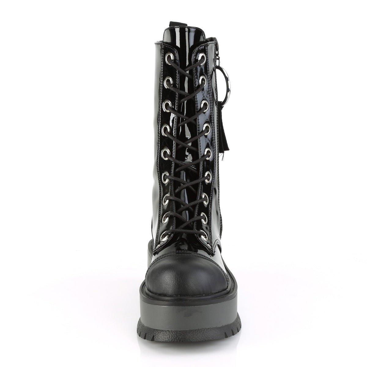 Too Fast | Demonia Slacker 220 | Black Patent Vegan Leather Women&#39;s Mid Calf Boots