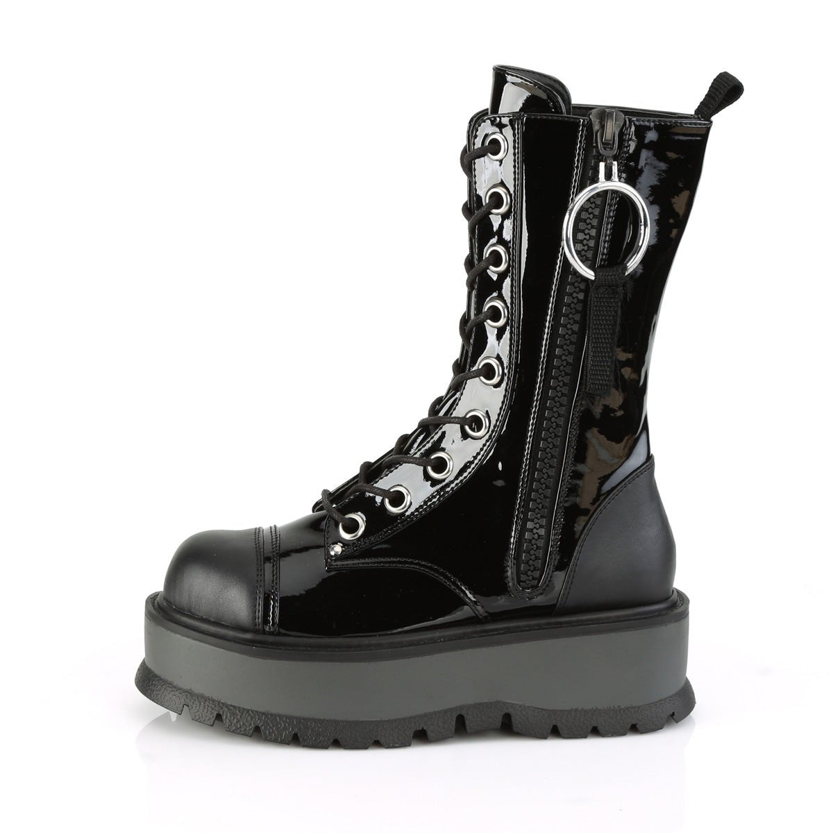 Too Fast | Demonia Slacker 220 | Black Patent Vegan Leather Women's Mid Calf Boots