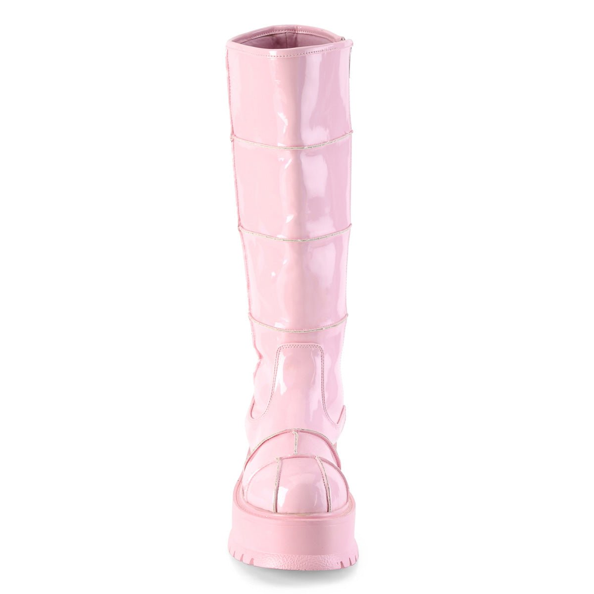 Too Fast | Demonia Slacker 230 | Baby Pink Hologram Patent Women&#39;s Knee High Boots