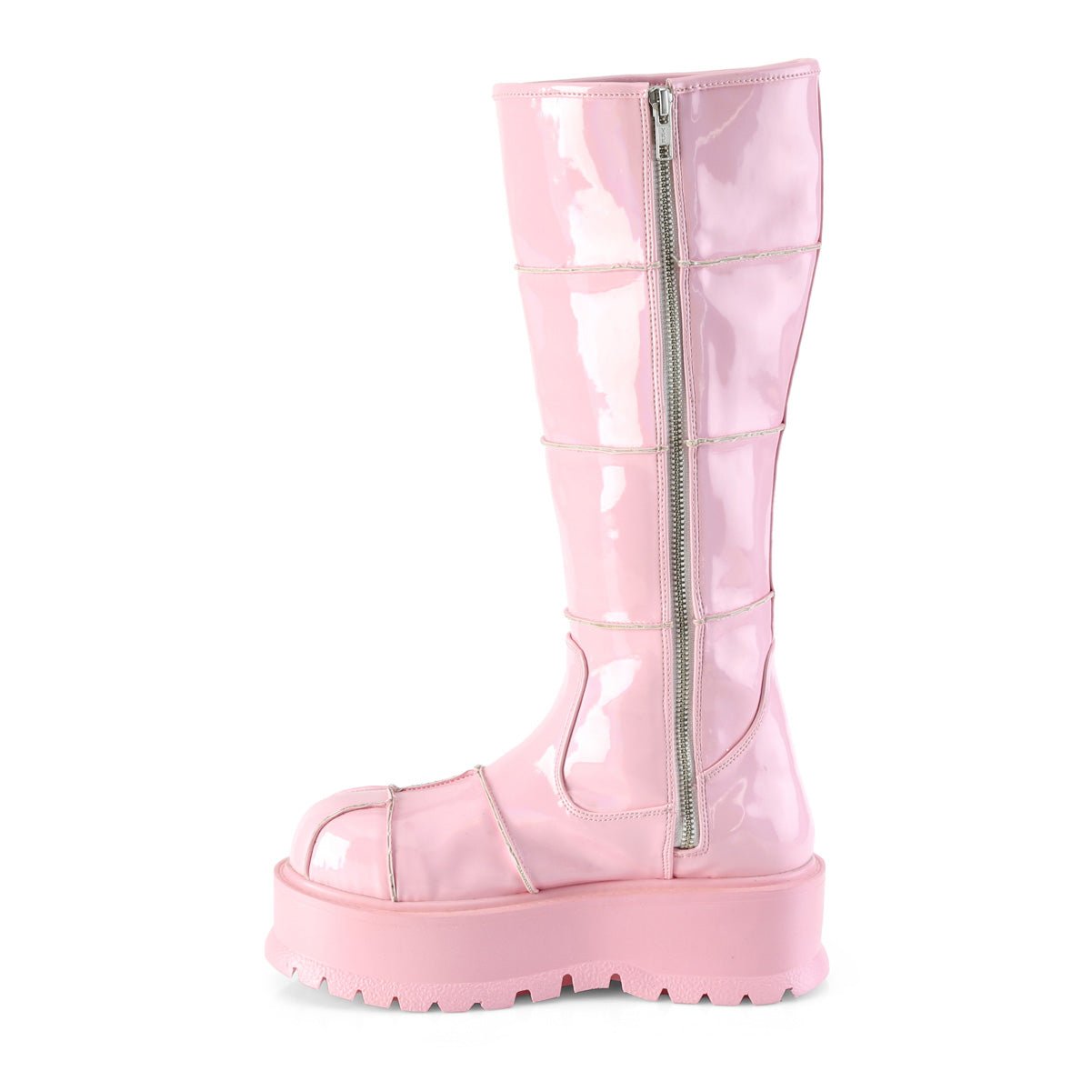 Too Fast | Demonia Slacker 230 | Baby Pink Hologram Patent Women's Knee High Boots