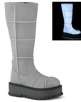 Too Fast | Demonia Slacker 230 | Grey Reflective Vegan Leather Women's Knee High Boots