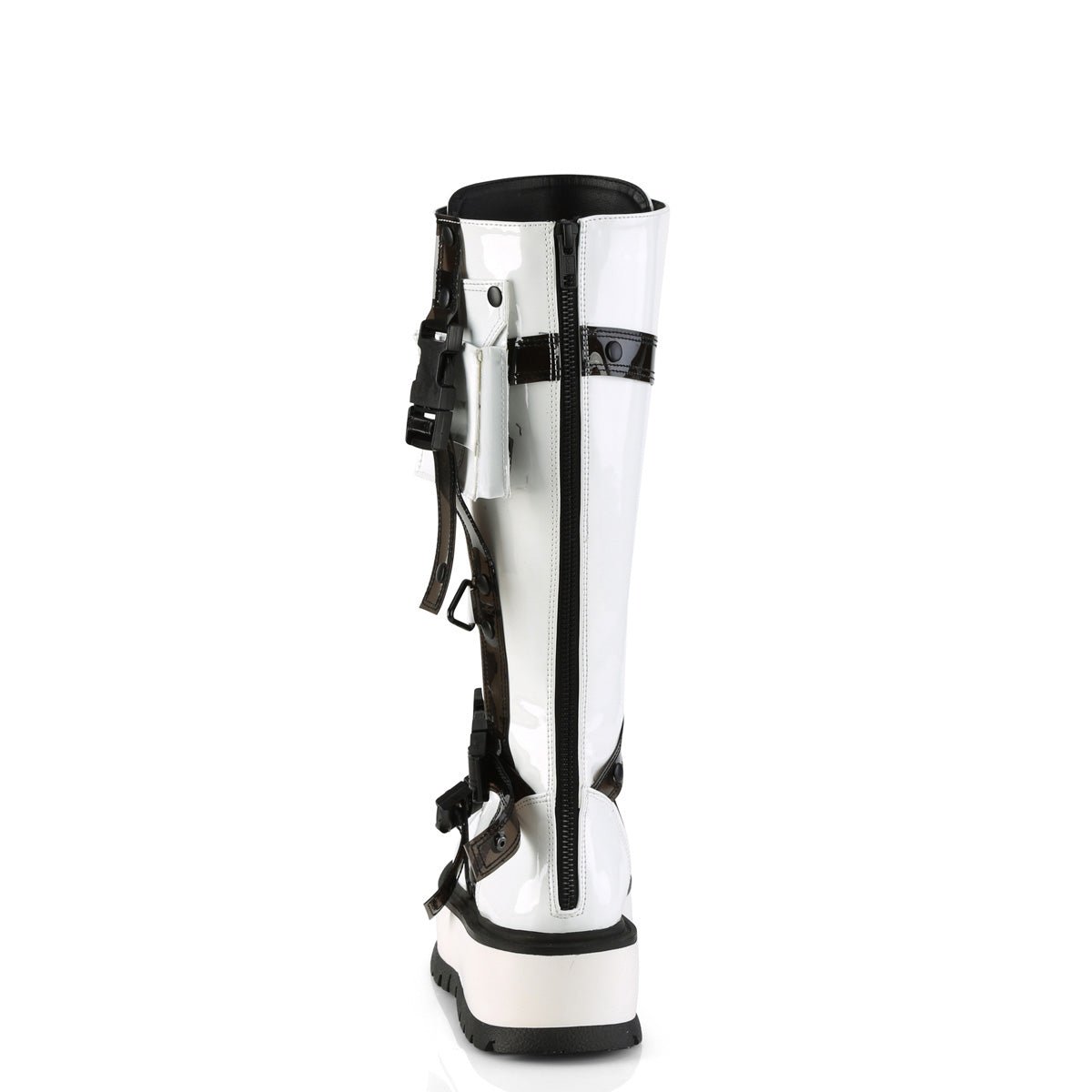 Too Fast | Demonia Slacker 260 | White Patent Leather Women's Knee High Boots
