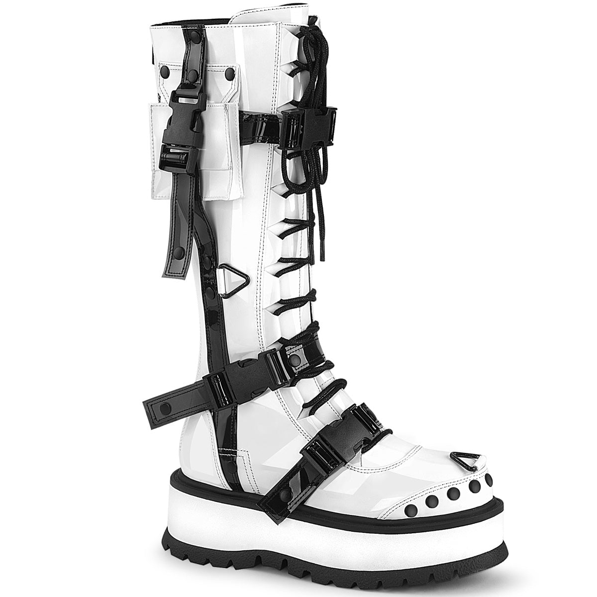 Too Fast | Demonia Slacker 260 | White Patent Leather Women's Knee High Boots