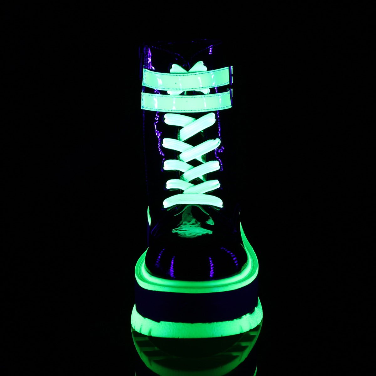 Too Fast | Demonia SLACKER-52 | Black & Green Patent & Iridescent UV Ankle Boots