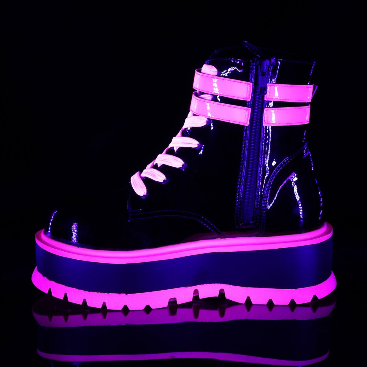 Too Fast | Demonia SLACKER-52 | Black & Pink Patent & Iridescent UV Ankle Boots