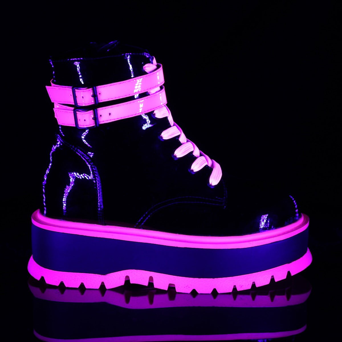 Too Fast | Demonia SLACKER-52 | Black & Pink Patent & Iridescent UV Ankle Boots