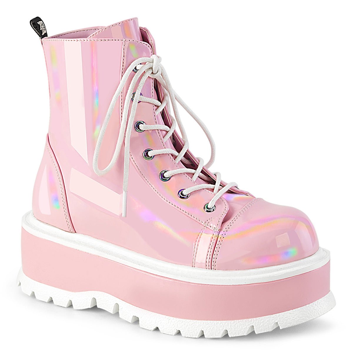 Too Fast | Demonia Slacker 55 | Baby Pink Hologram Patent Women&#39;s Ankle Boots