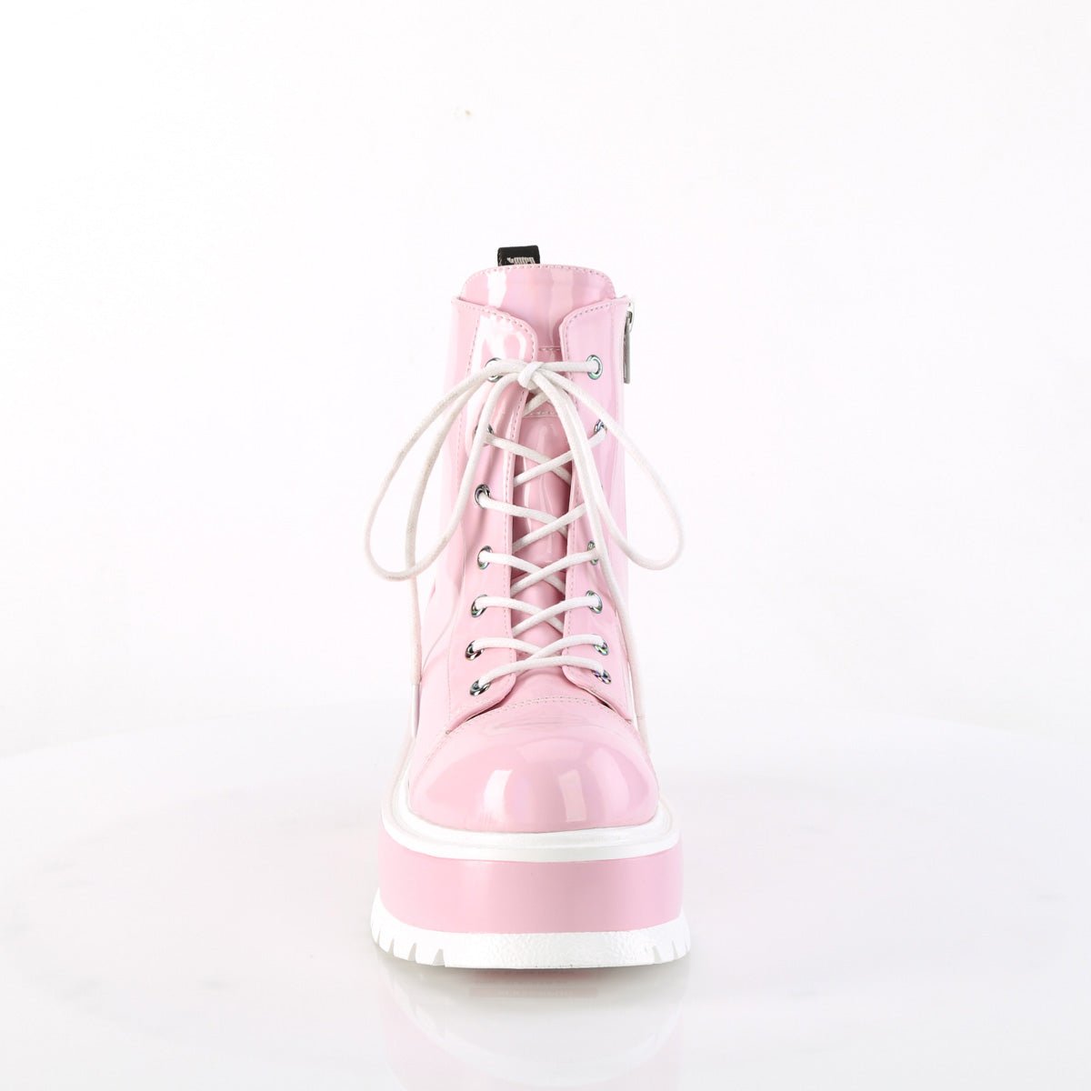 Too Fast | Demonia Slacker 55 | Baby Pink Hologram Patent Women&#39;s Ankle Boots