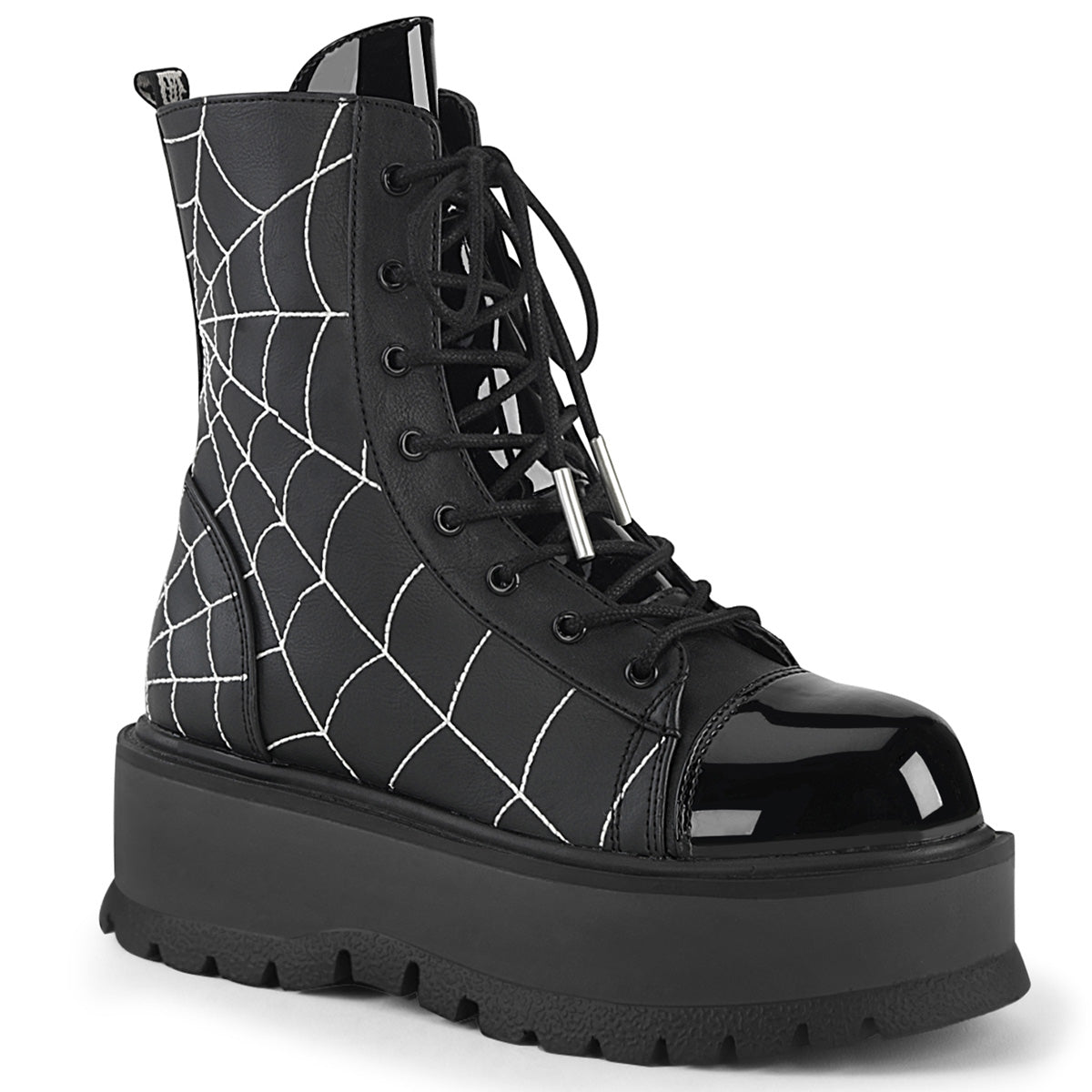 Too Fast | Demonia SLACKER-88 Black Vegan Patent Leather Ankle Boots