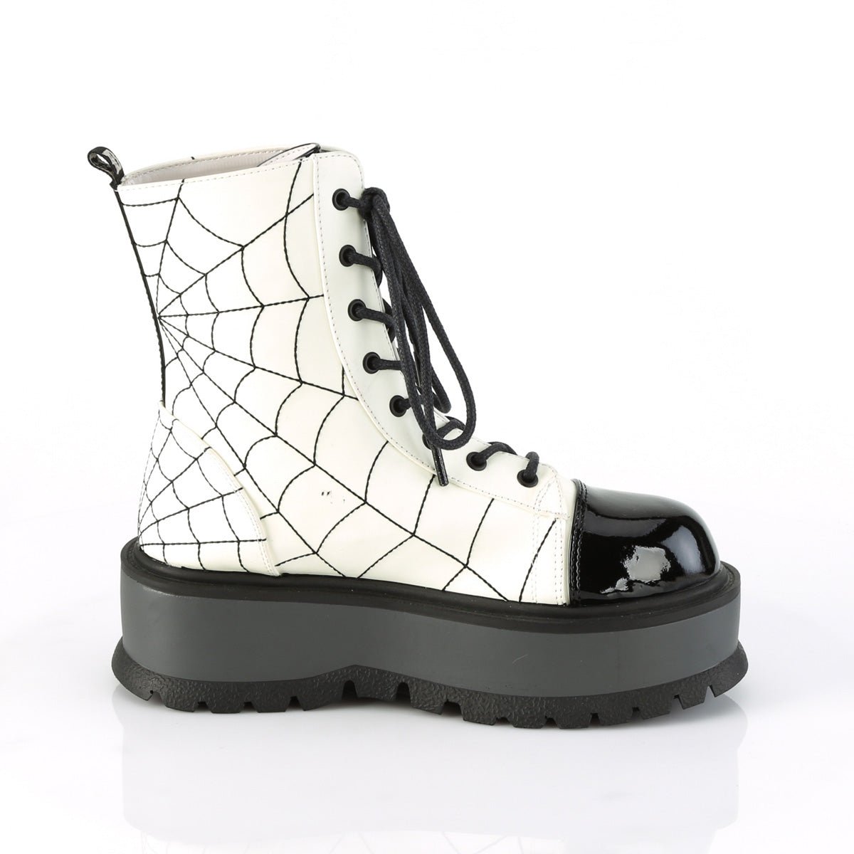 Too Fast | Demonia Slacker 88 | White &amp; Black Glow Vegan Leather &amp; Patent Leather Women&#39;s Ankle Boots