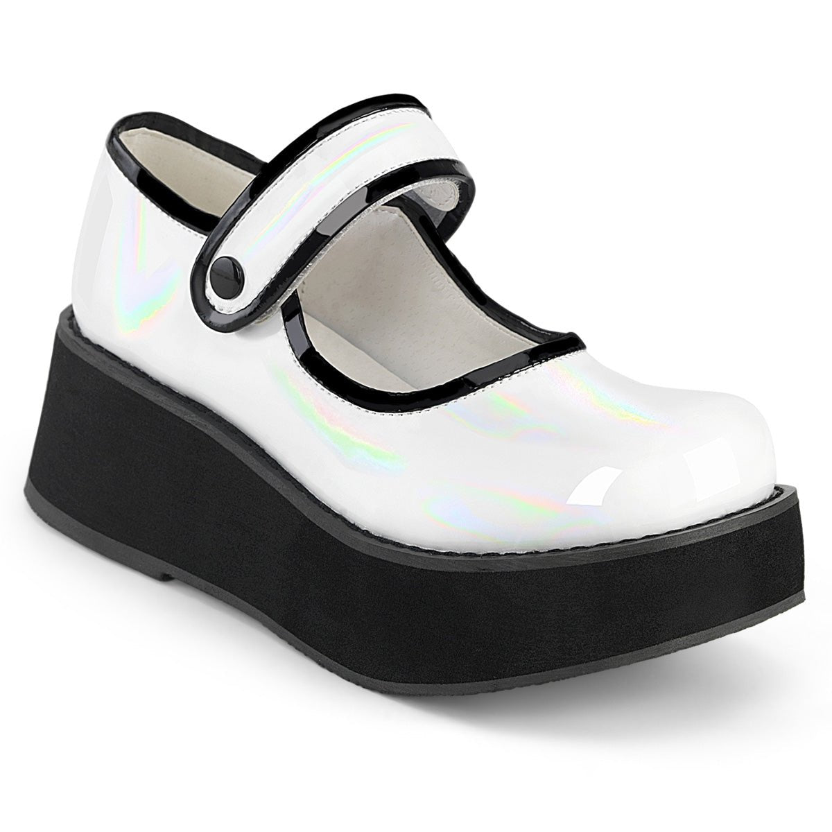 Too Fast | Demonia Sprite 01 | White Holographic Patent Women&#39;s Mary Janes