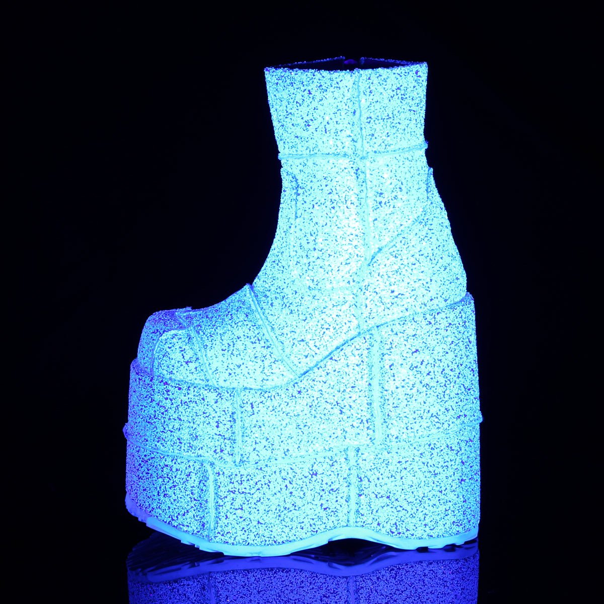 Too Fast | Demonia Stack 201 G | White Glitter Unisex Platform Boots
