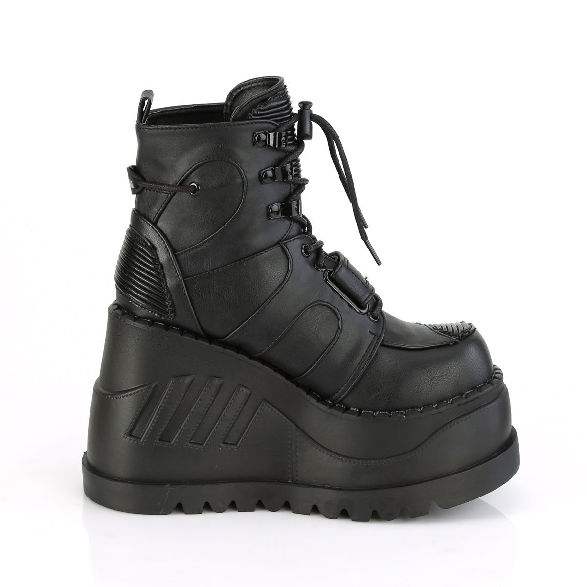 Too Fast | Demonia Stomp 13 | Black Vegan Leather Women&#39;s Ankle Boots