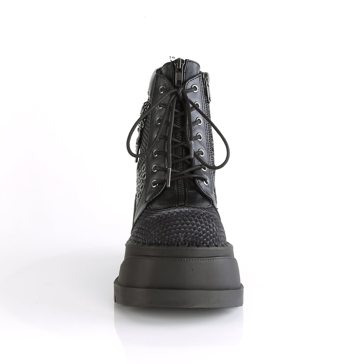 Too Fast | Demonia Stomp 18 | Black &amp; Grey Vegan Leather &amp; Velvet Women&#39;s Ankle Boots