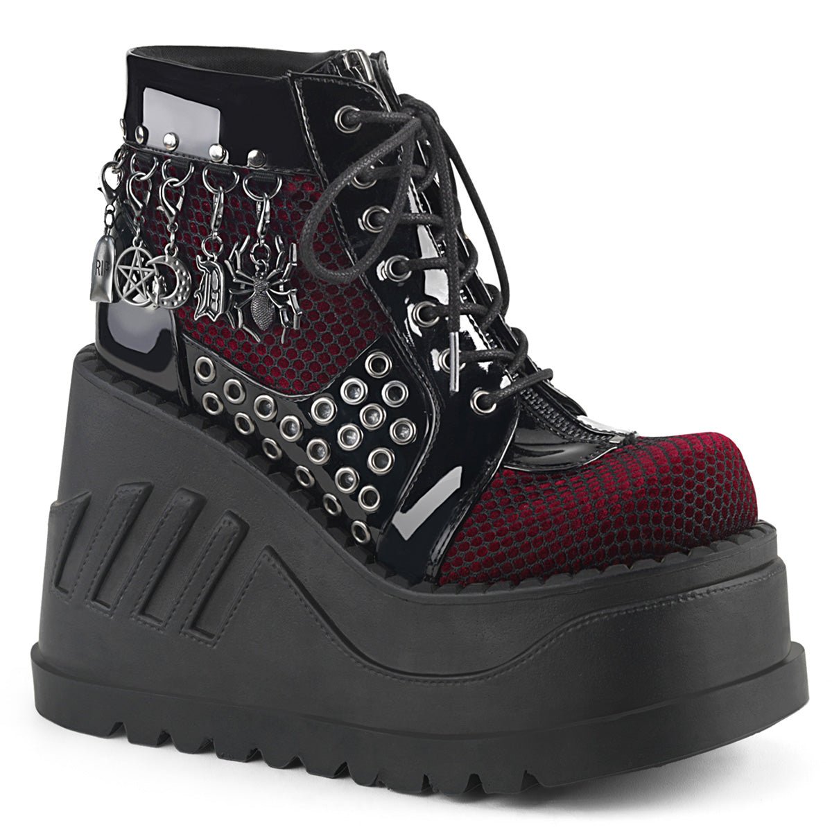 Too Fast | Demonia Stomp 18 | Black Patent Leather & Velvet Women's Ankle Boots