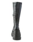 Too Fast | Demonia Stomp 200 | Black Stretch Vegan Leather Women's Knee High Boots