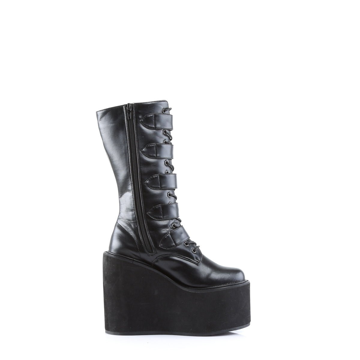 Too Fast | Demonia Swing 220 | Black Vegan Leather Women&#39;s Mid Calf Boots