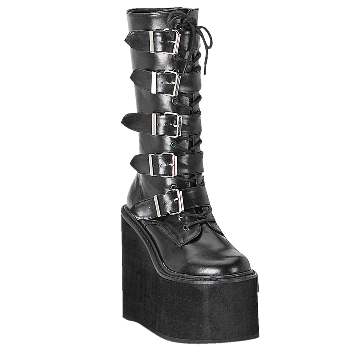 Too Fast | Demonia Swing 220 | Black Vegan Leather Women&#39;s Mid Calf Boots
