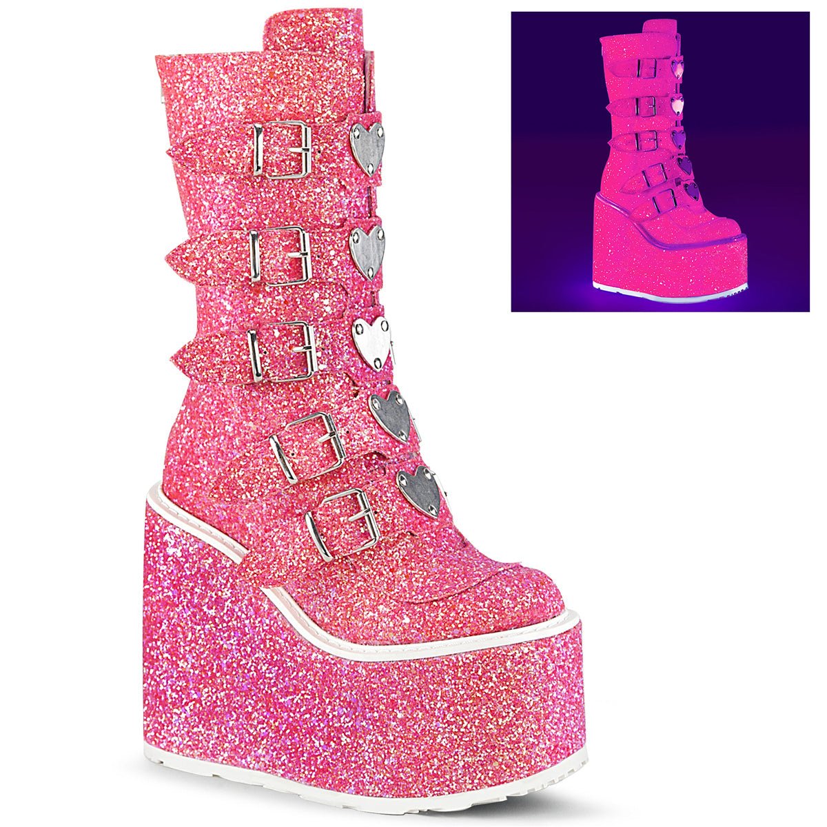 Too Fast | Demonia Swing 230 G | Pink Glitter Women's Mid Calf Boots
