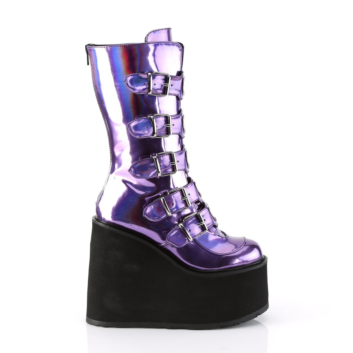Too Fast | Demonia Swing 230 | Purple Holographic Women&#39;s Mid Calf Boots
