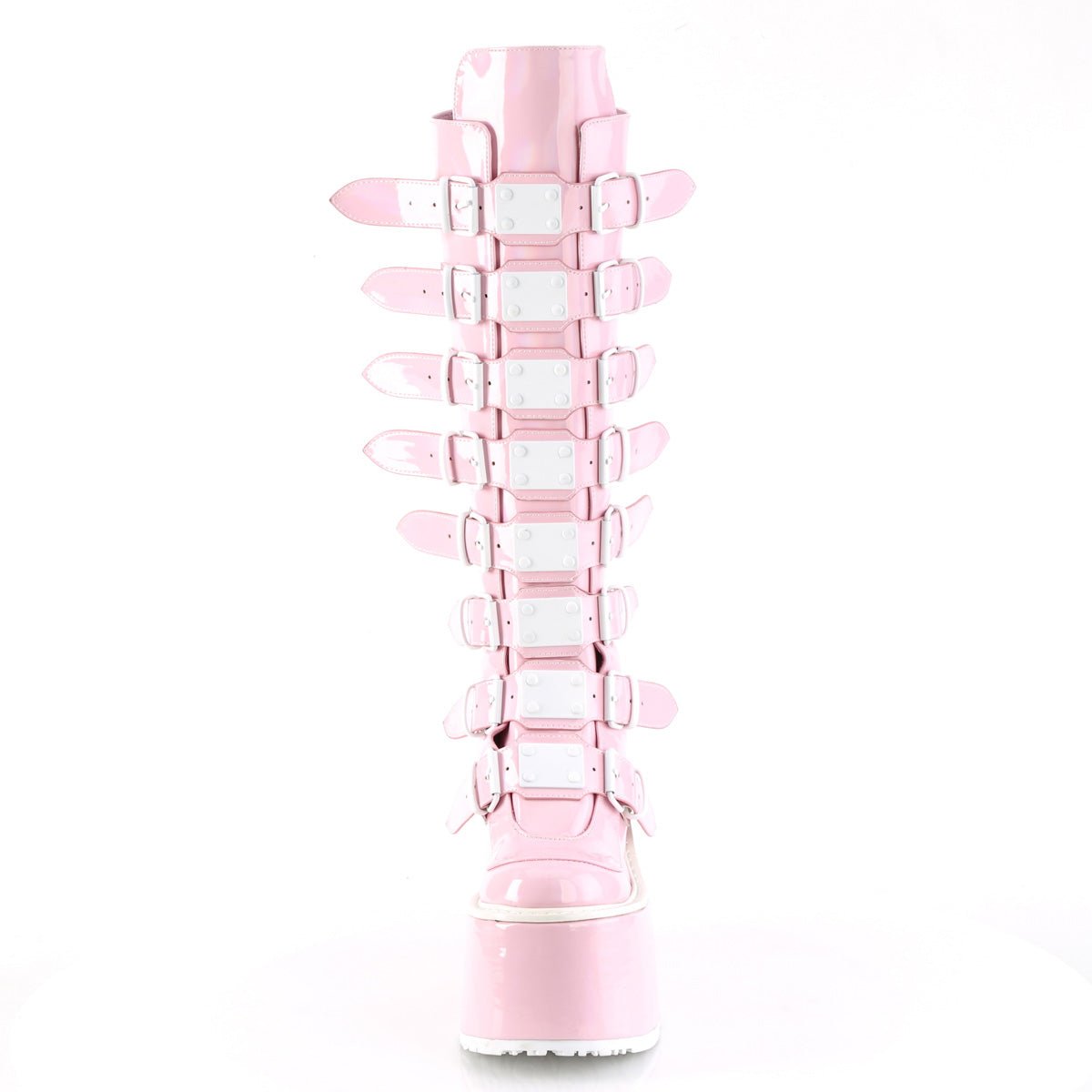 Too Fast | Demonia SWING-815 Baby Pink Hologram Knee High Boots