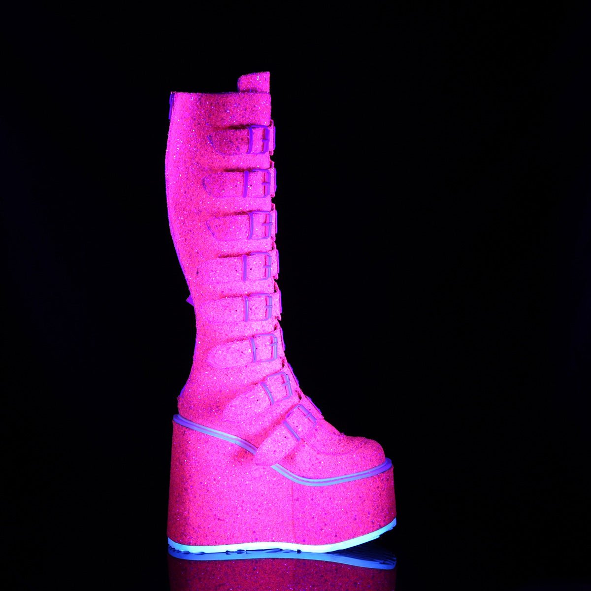 Too Fast | Demonia Swing 815 Uv | Pink Glitter Women&#39;s Knee High Boots