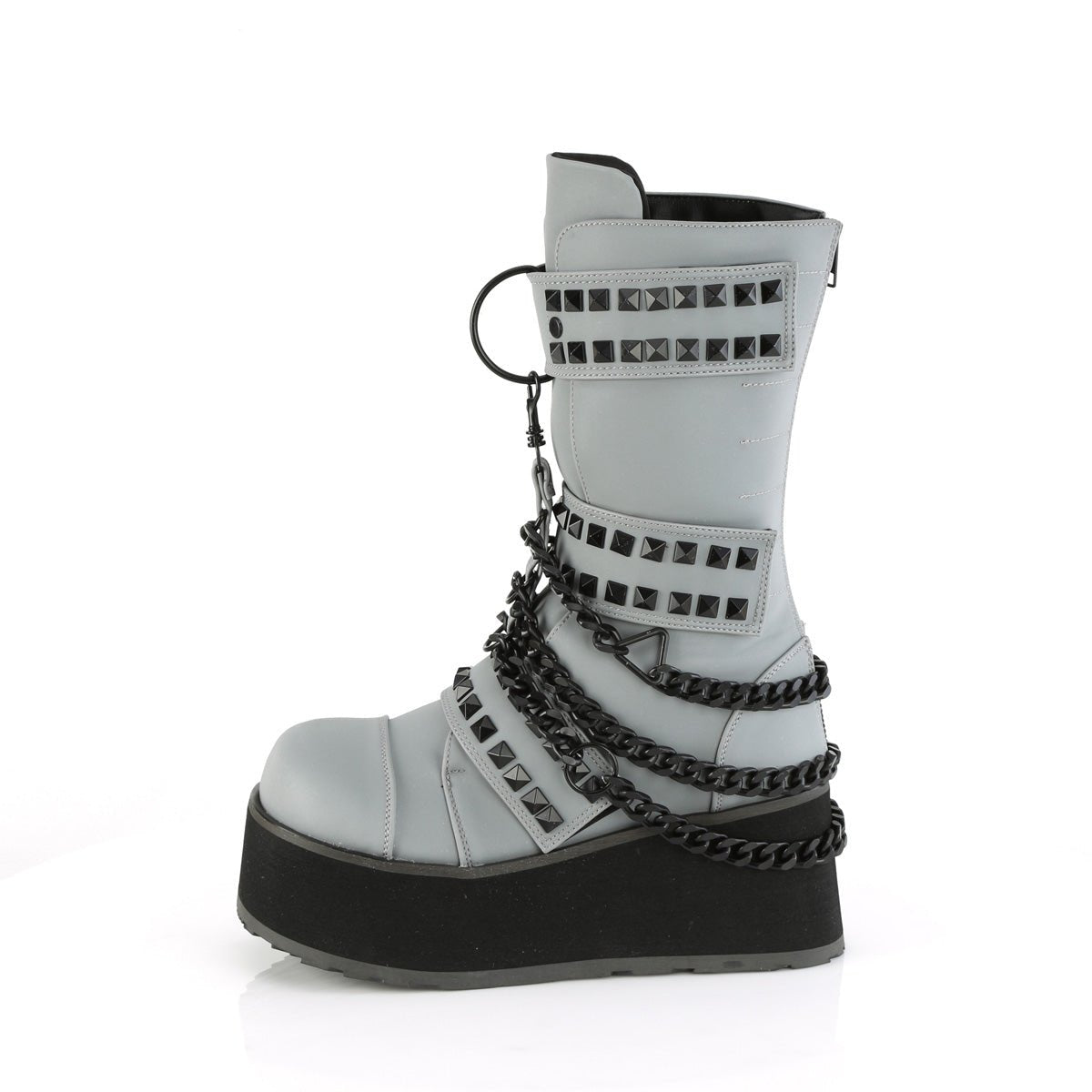 Too Fast | Demonia TRASHVILLE-138 Grey Multi Reflective Vegan Leather Platform Boots