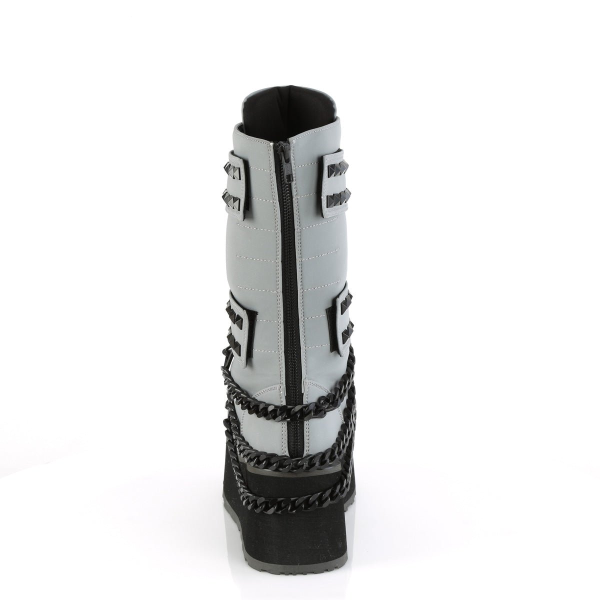 Too Fast | Demonia TRASHVILLE-138 Grey Multi Reflective Vegan Leather Platform Boots