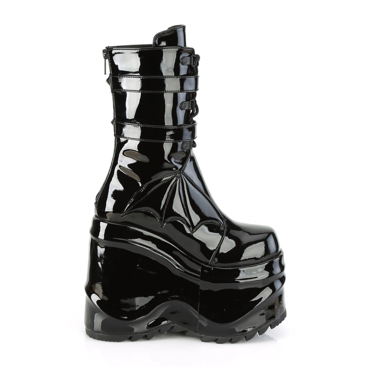 Too Fast | Demonia Wave 150 | Black Patent Leather Women's Mid Calf Boots