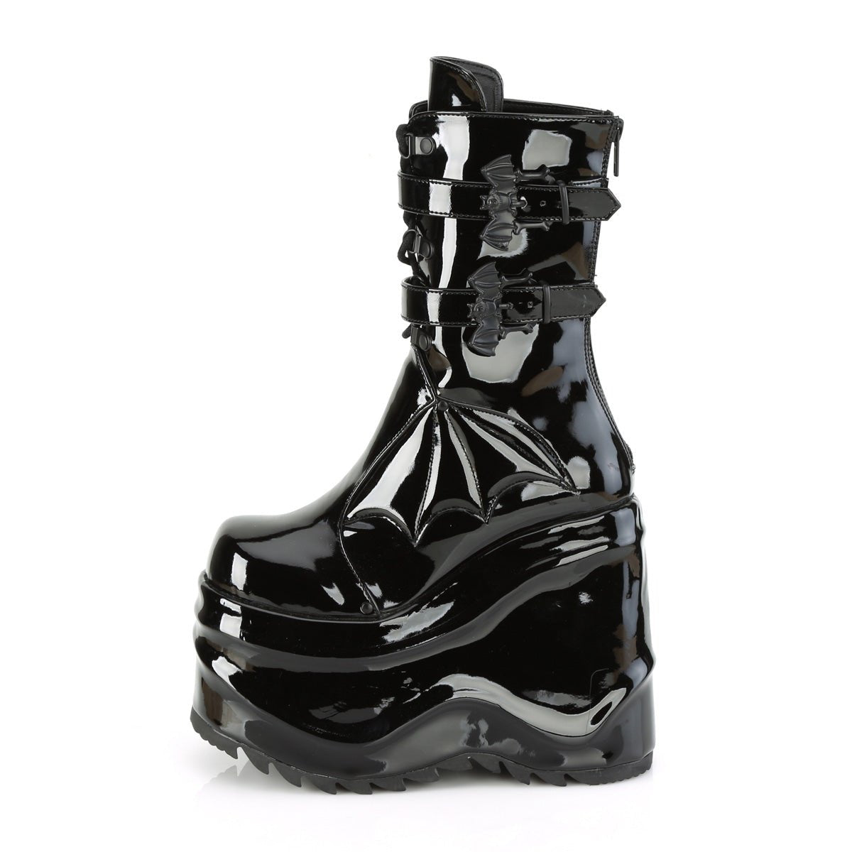 Too Fast | Demonia Wave 150 | Black Patent Leather Women's Mid Calf Boots