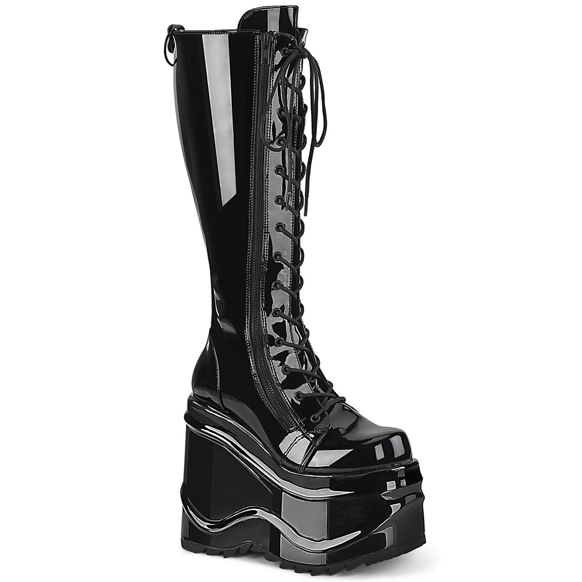 Too Fast | Demonia Wave 200 | Black Patent Leather Women's Knee High Boots