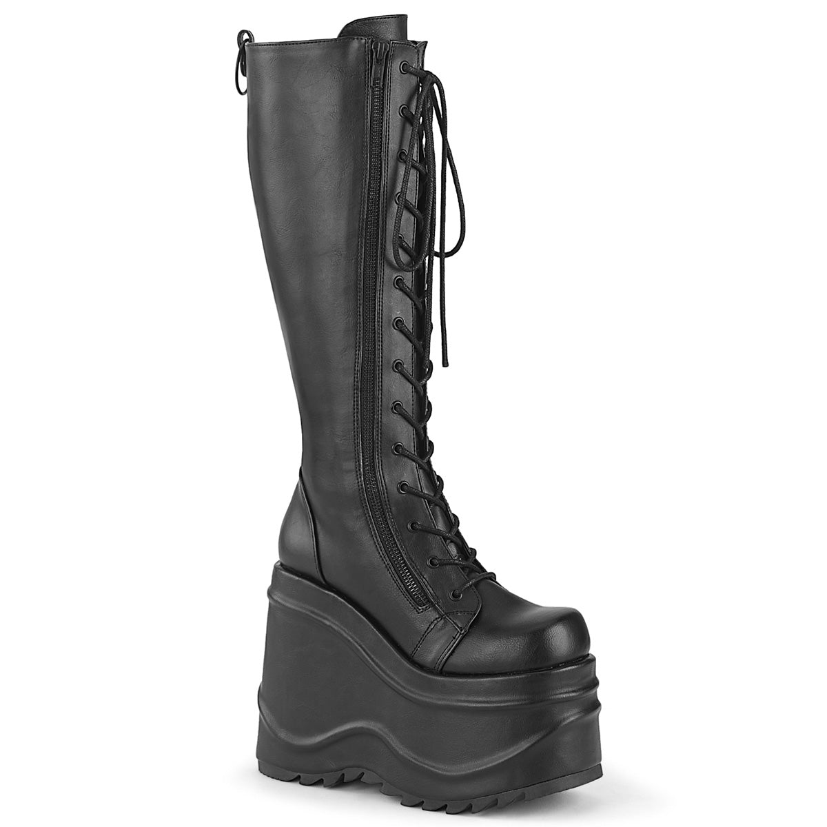 Too Fast | Demonia Wave 200 | Black Vegan Leather Women's Knee High Boots