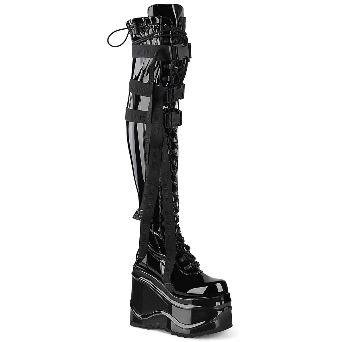 Too Fast | Demonia Wave 315 | Black Stretch Patent Leather Women&#39;s Over The Knee Boots