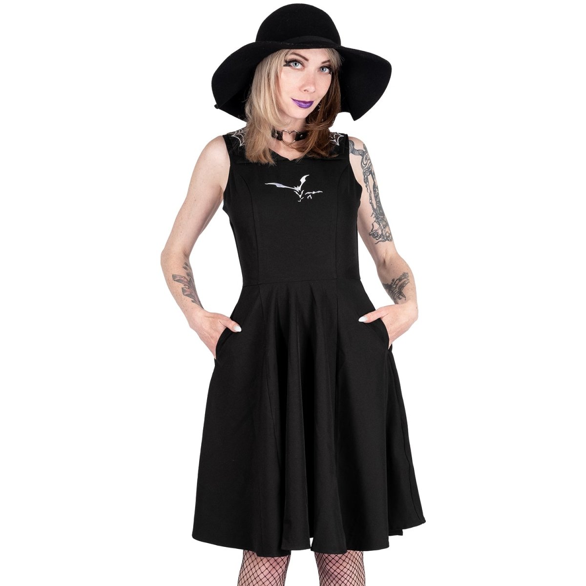 Too Fast | Orchid Bloom | Flying Bats &amp; Web Collar Swing Dress