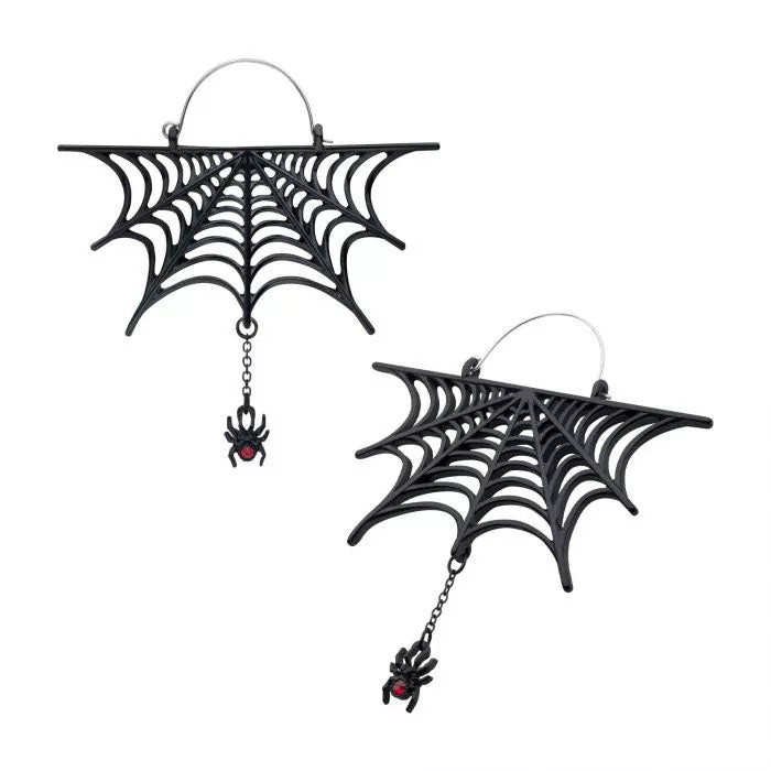 Too Fast | Plug Friendly Hoop Earrings | Black Spiderweb with Dangle Spider