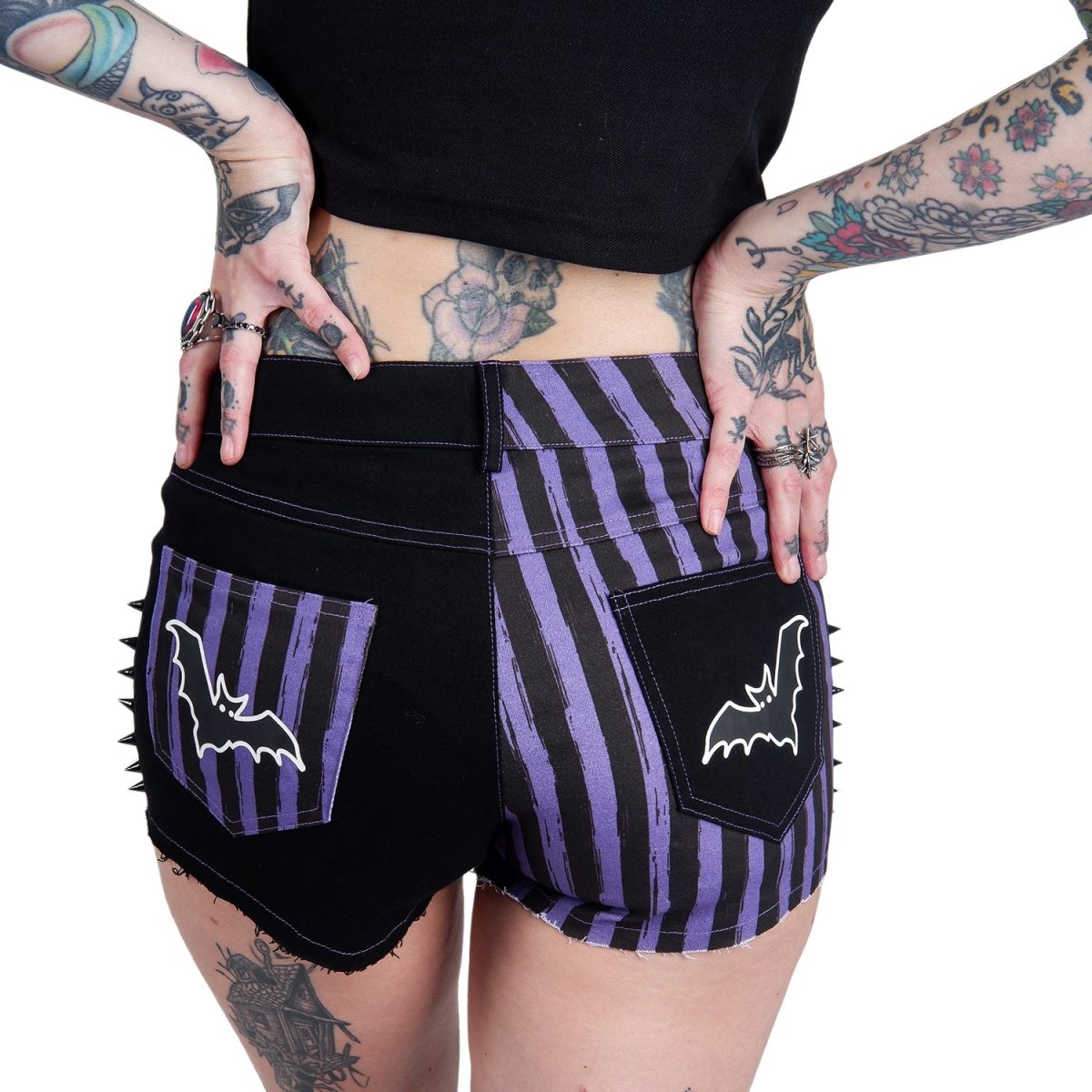 Purple Striped Bat Studded Denim Shorts – Too Fast