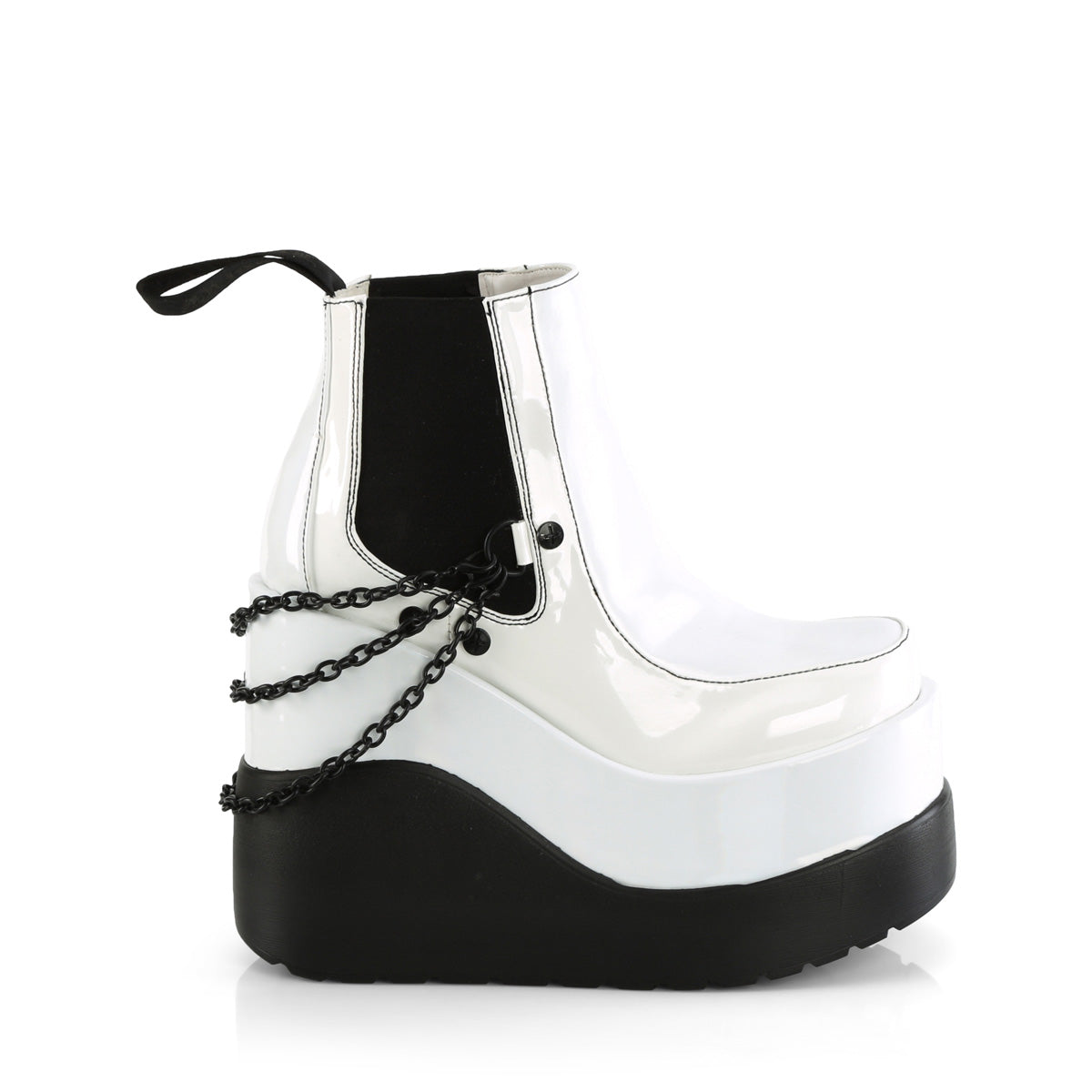 Demonia VOID-50 | White Holographic Patent Ankle Boots