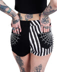 Spiderweb Black and White Striped Studded Stretch Denim Shorts