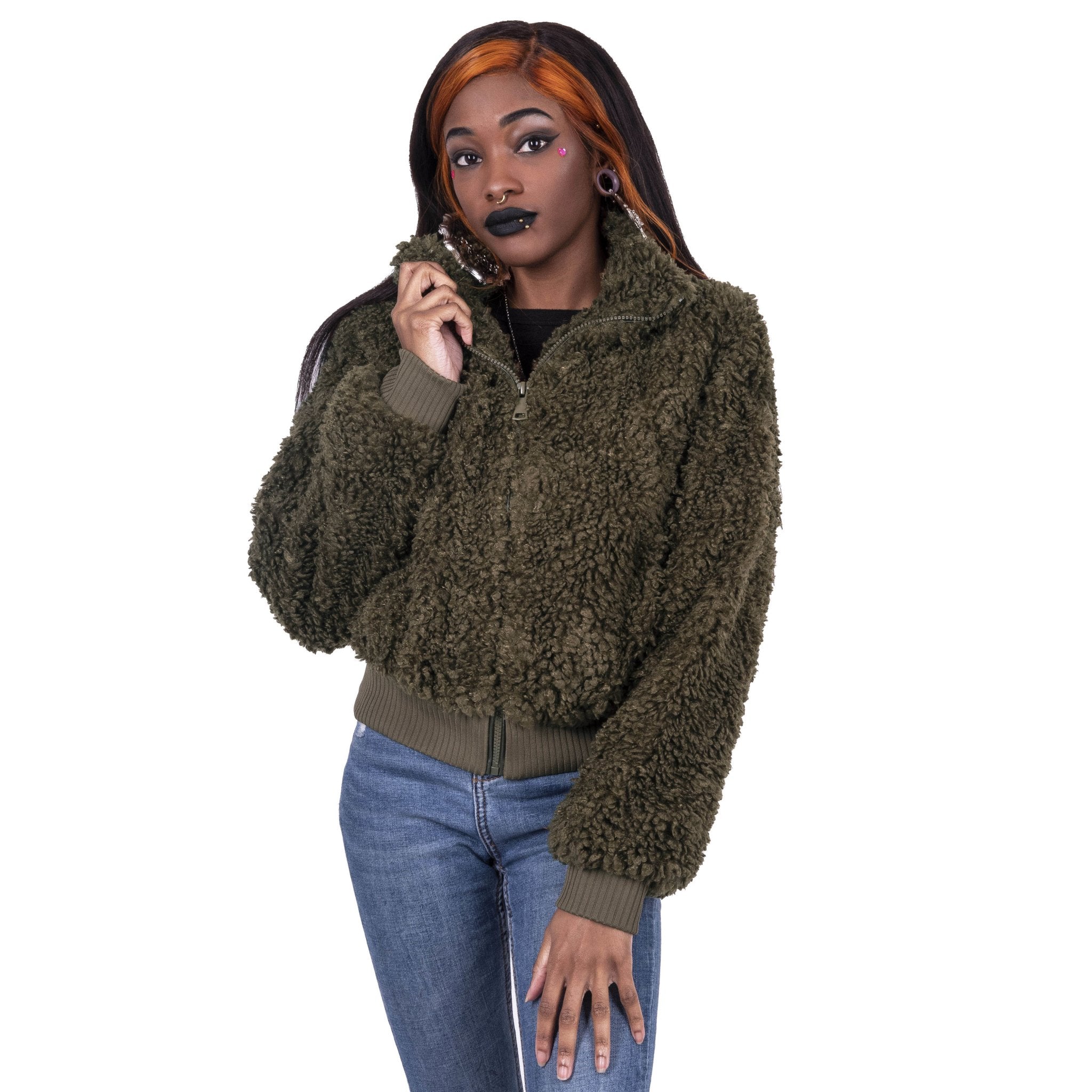 Too Fast | Bomber Jacket | Full Zip Army Green Sherpa