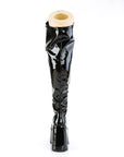 Demonia CAMEL-300WC | Blk Stretch Pat. Leather Above Knee Boots
